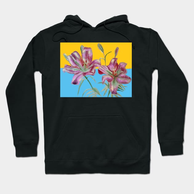 Pink Lily Watercolor Floral Painting on Yellow and Blue Hoodie by SarahRajkotwala